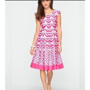 Talbots Dress 10 Pink White Textured Stretch Cotton A Line Short Sleeve Summer
